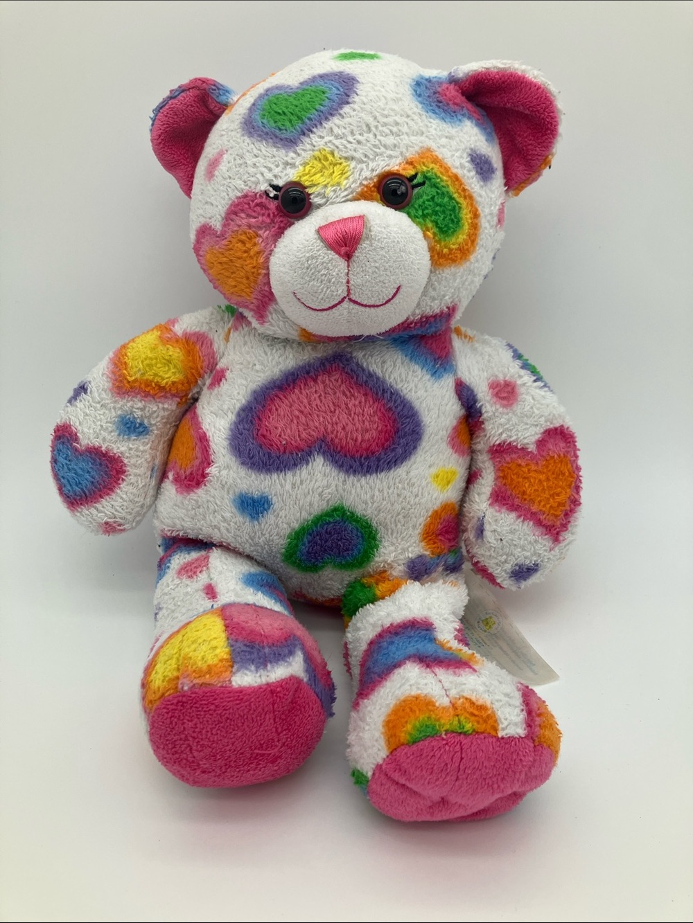 Build A Bear Rainbow Hearts Teddy Bear Plush White Colourful Stuffed Animal BAB